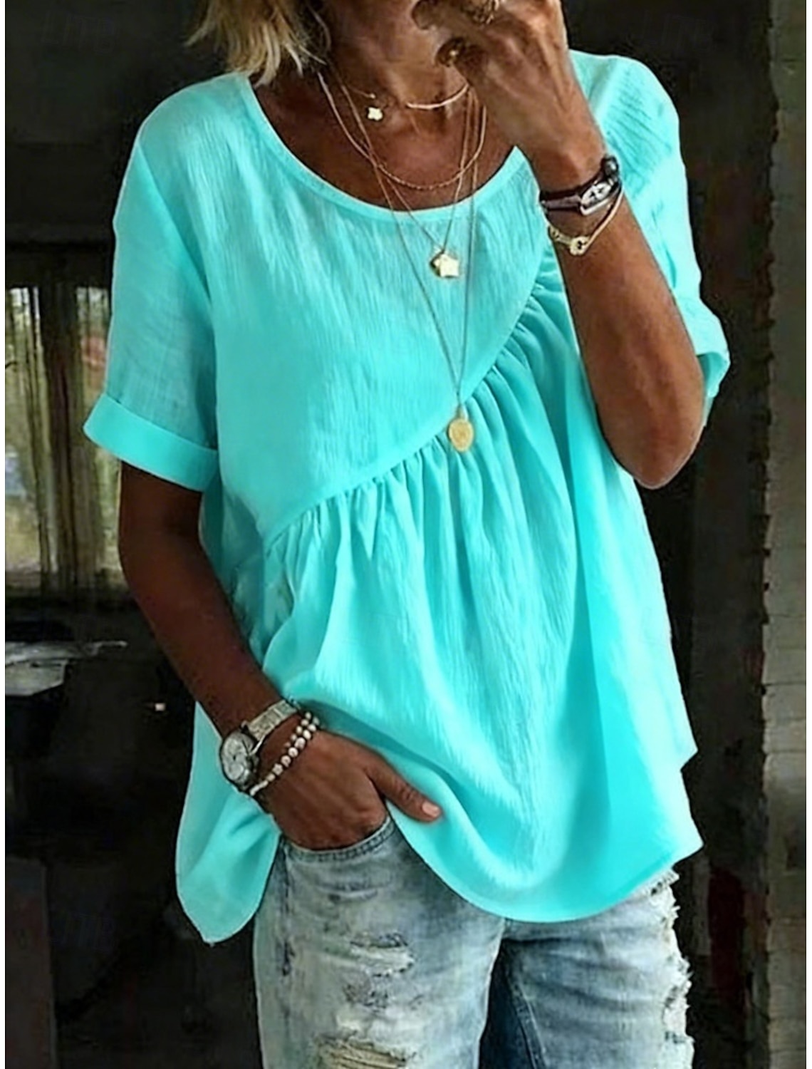 Women's Blouse Cotton Shirt Ruched Solid Color Daily Stylish Basic Short Sleeve Crew Neck Regular Tops Daily Blue White Yellow Pink Green Summer Spring Fall