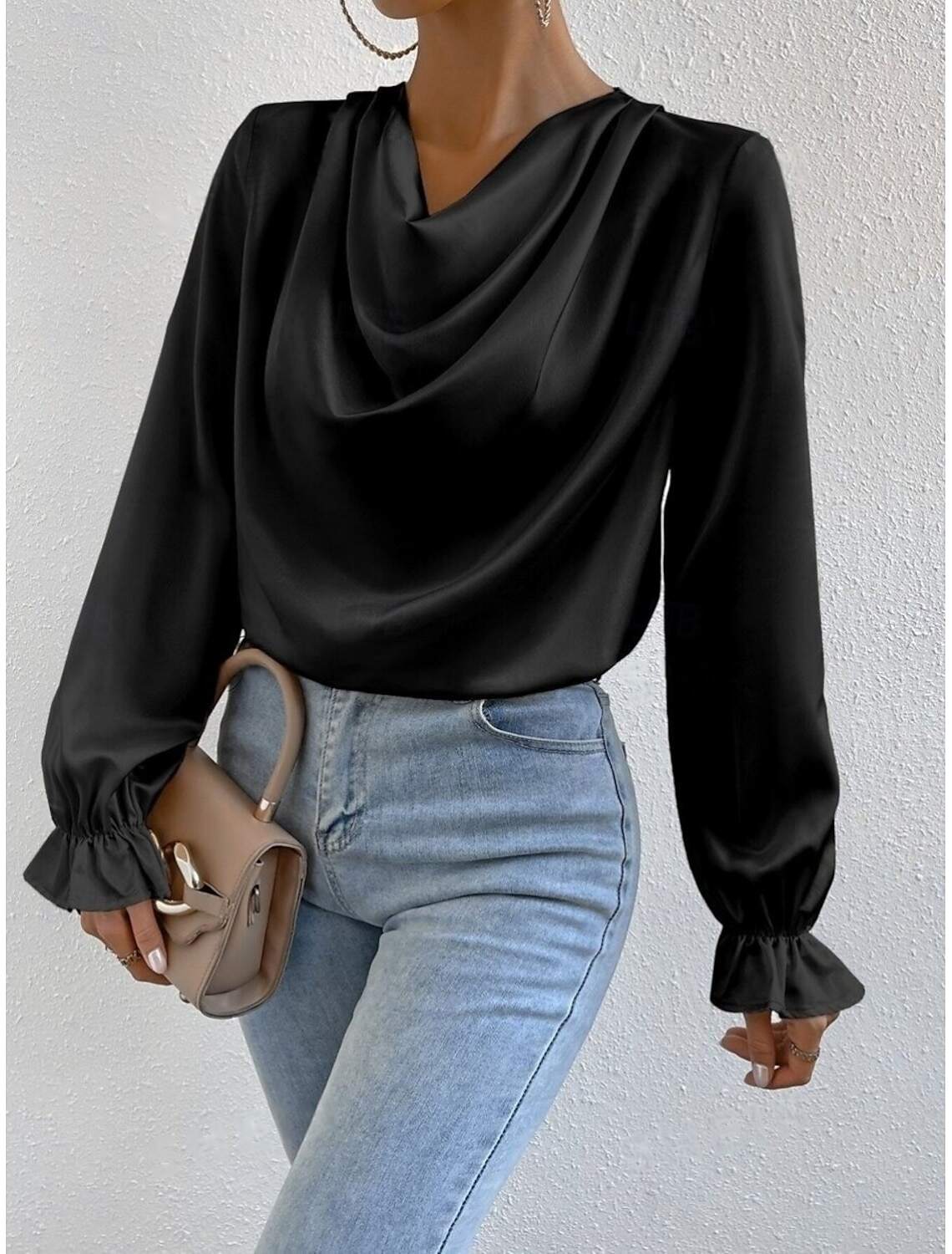 Women's Shirt Blouse Stylish Casual Solid Color Regular Tops Long Sleeve Cowl Neck Ruched Regular Fit Daily Summer Spring
