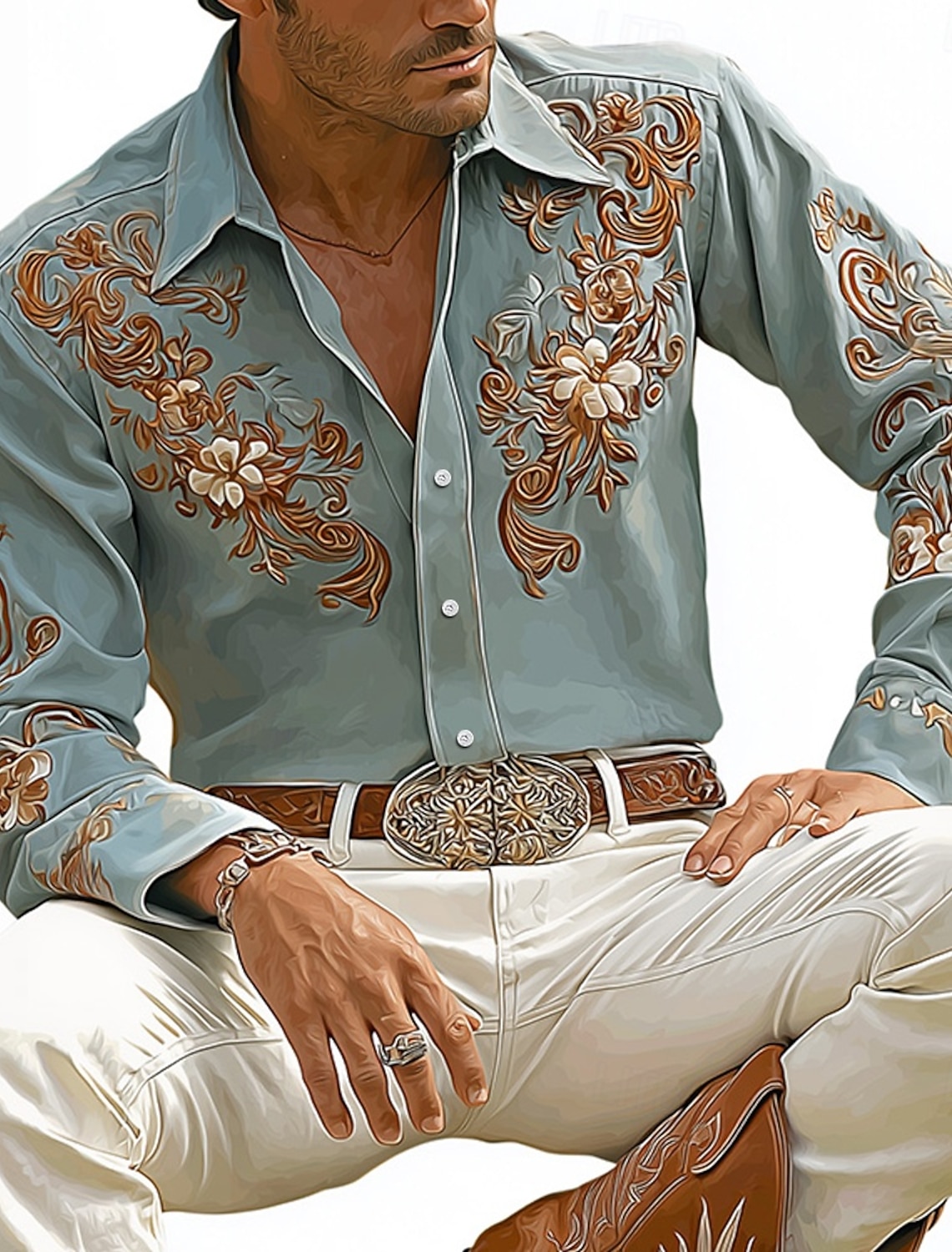 Men's Floral Print Flowers Shirt Western Shirt Cowboy Shirt Long Sleeve Vintage Retro Outdoor Vacation Spring Fall Turndown 3D Print Linen Like Shirt Blue Purple Khaki