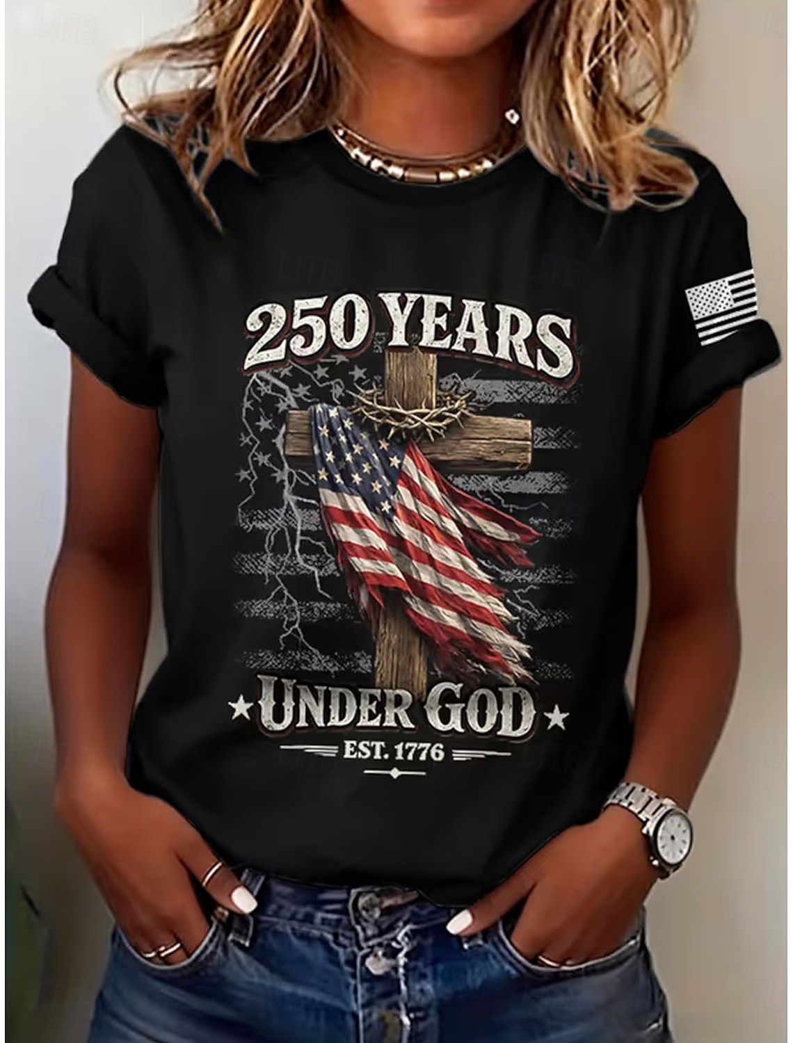 American Independence Day Women's T Shirt Print Graphic Letter Vintage Stylish Classic Short Sleeve Crew Neck Regular Tops Daily Blue Black White Red Summer Spring