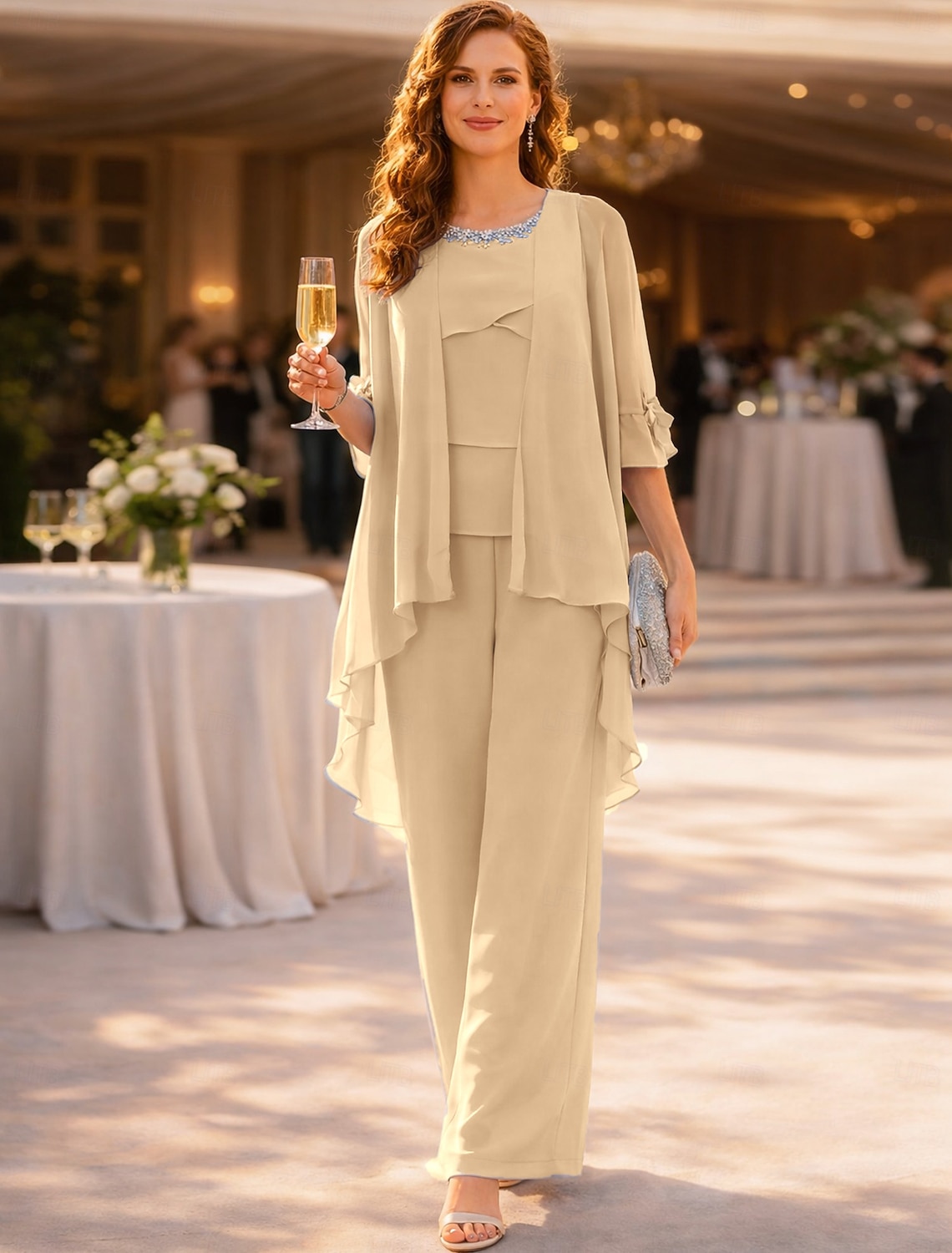 Jumpsuit Pantsuit 3 Piece Floor Length Ankle Length Mother of the Bride Dress Half Sleeve Crew Neck Elegant Simple Minimalist Wedding Guest Chiffon with Crystals Cascading Ruffles