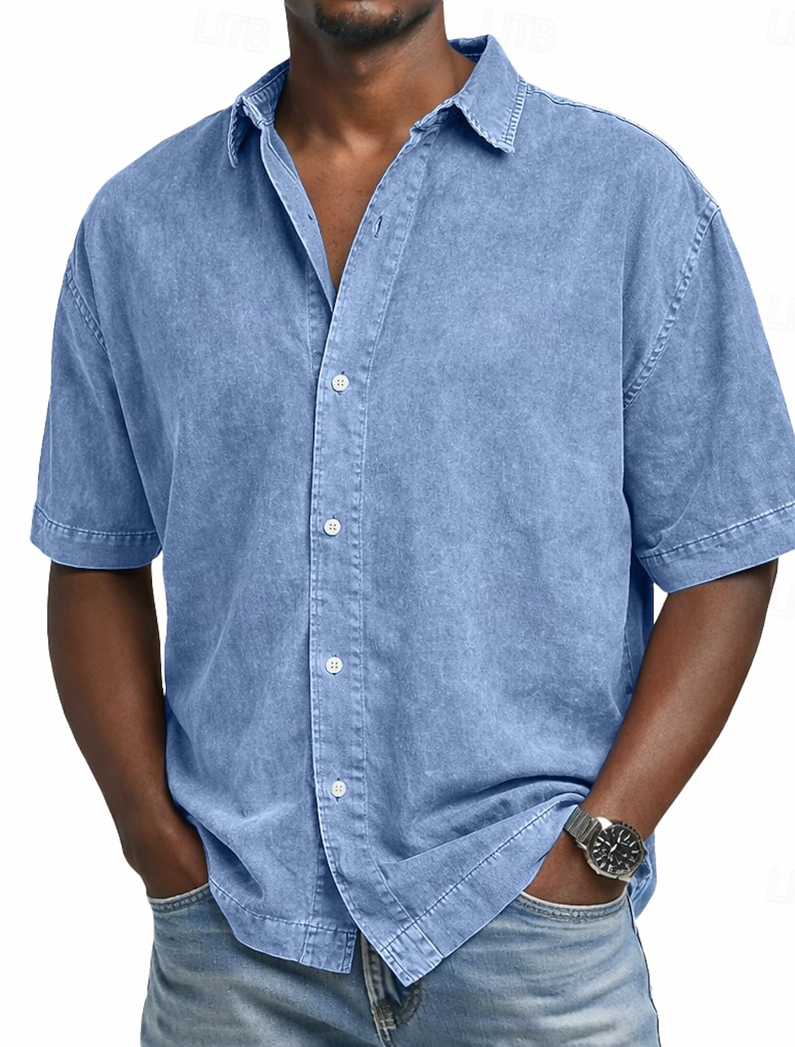SoftFade™ Men's Shirt Casual Shirt Denim Shirt 100% Cotton Acid Wash Shirt Acid Wash Shirt Black Pink Navy Blue Purple Green Short Sleeve Plain Shirt Collar Casual Daily Clothing