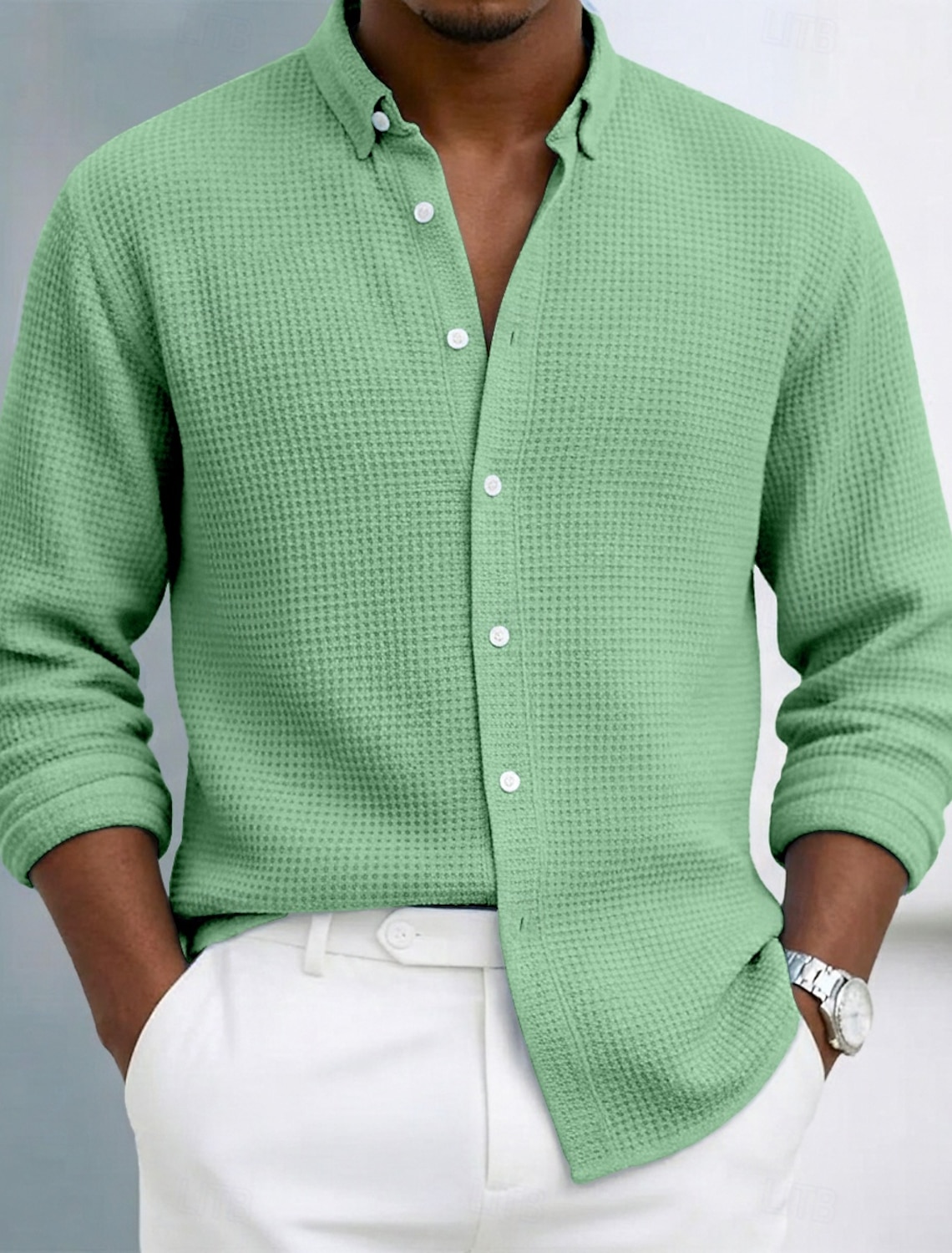 Men's Shirt Waffle Texture Casual Button Up Black White Wine Navy B #1