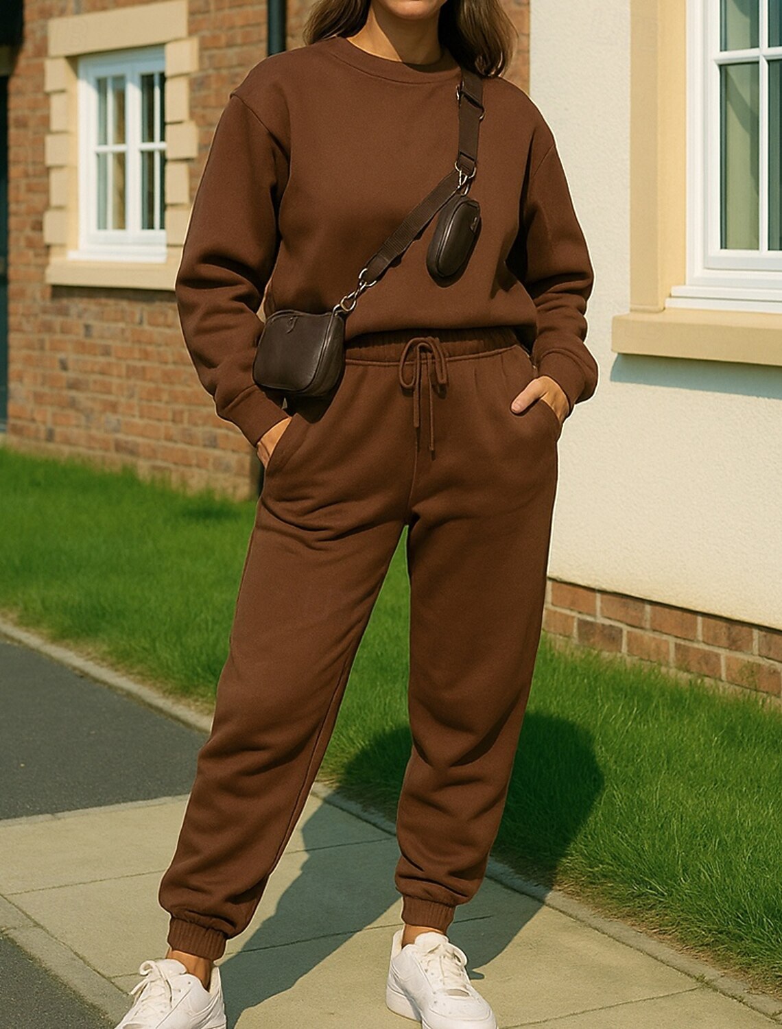 Women's Tracksuit Sweatpants Pullover Sweatshirt Pocket Solid Colored Clothing Suit Spring Fall Black White Gym Training Running Windproof Long Sleeve Sport Activewear Micro-elastic Regular Fit