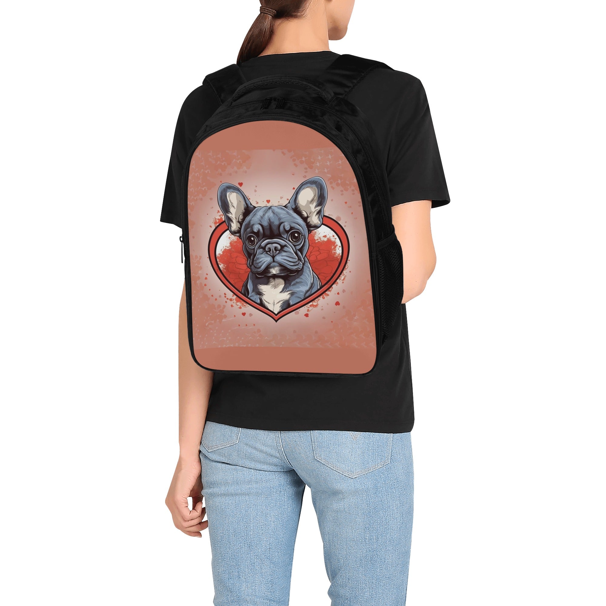 French Bulldog Lover My Valentine 16 Inch Dual Compartmen Backpack Cute Wall Art