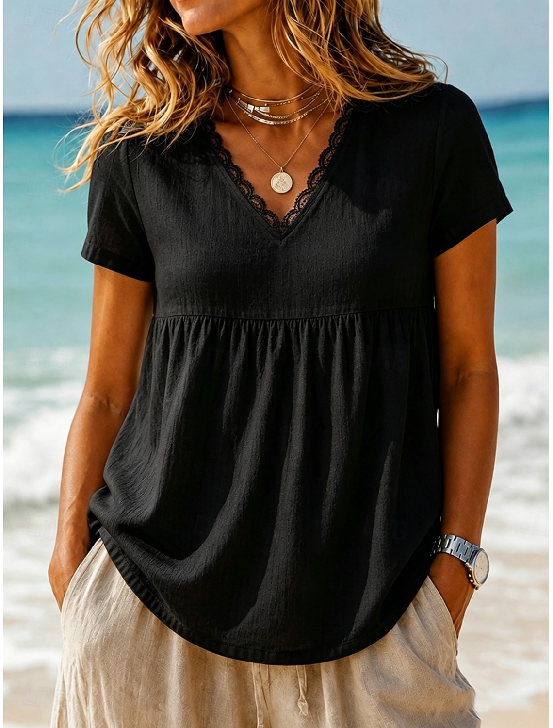 Women's Linen-feel Shirts Blouse Lace Trim Solid Color Daily Stylish Basic 3/4 Length Sleeve Square Neck Regular Tops Casual Daily Blue White Pink Navy Blue Green Summer Spring Fall