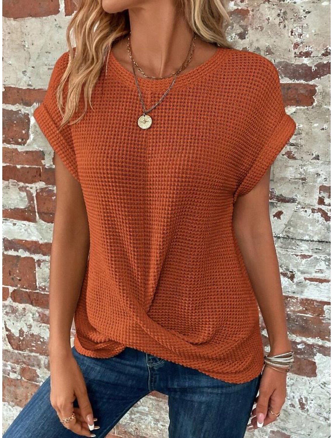Women's Knitted Top V-neck Short Sleeve Elastic Soft Burnt Casual Loose Fit Versatile Spring Fall Clothing Apparel