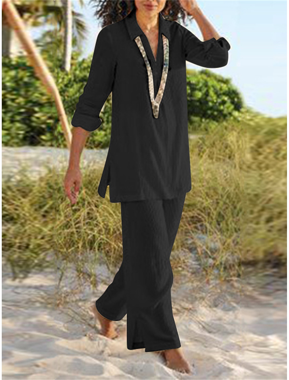 Women's Cotton Linen Sets Loungewear Sets Basic Casual Comfort Pure Color Shirt Pant Daily Home Vacation Long Sleeve Lapel Black Brown Khaki Dark Blue Summer Spring