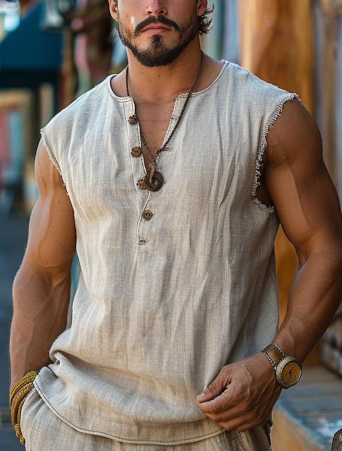 Men's Henley Shirt Vest Top Linen Tank Top Sleeveless Shirt Sleeveless Henley Summer Plain Fashion Designer Bohemian Buttons Vacation Casual Going out Black White Pink Top Tee for Men