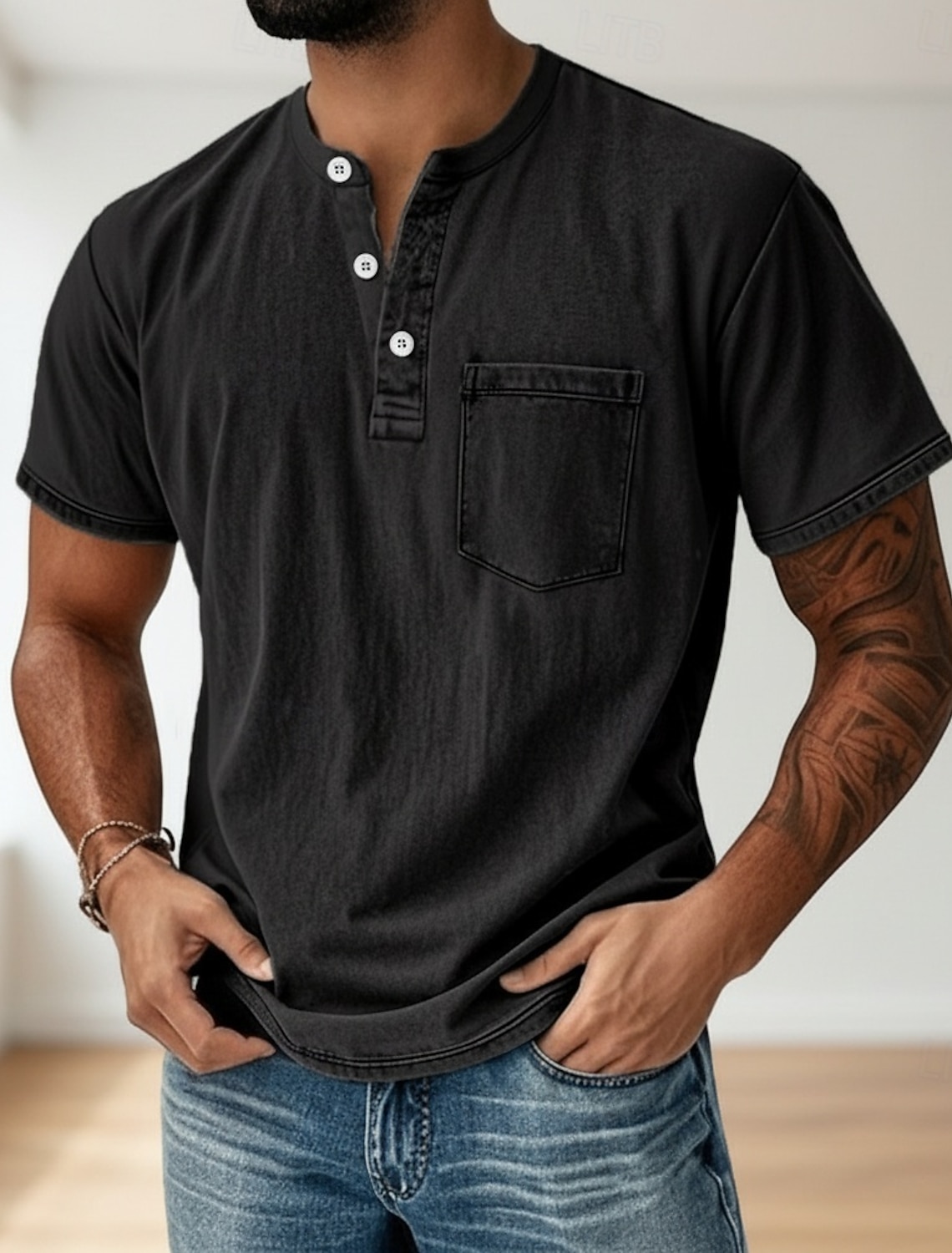 Men's Henley Shirt 100% Cotton Acid Wash T Tee Short Sleeve Solid #1