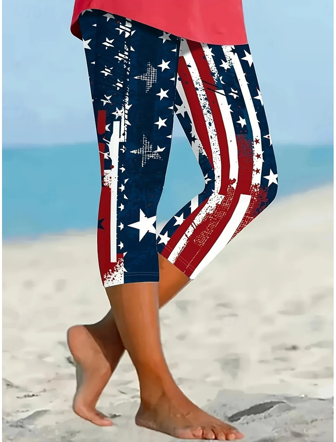 Independence Day PatrioticWomen's Capri Pants Leggings Vacation Hawaiian Stylish Capris Medium WaistPants Graphic National Flag Print Comfort Stretchy Outdoor Vacation Formal Blue Black Red Summer