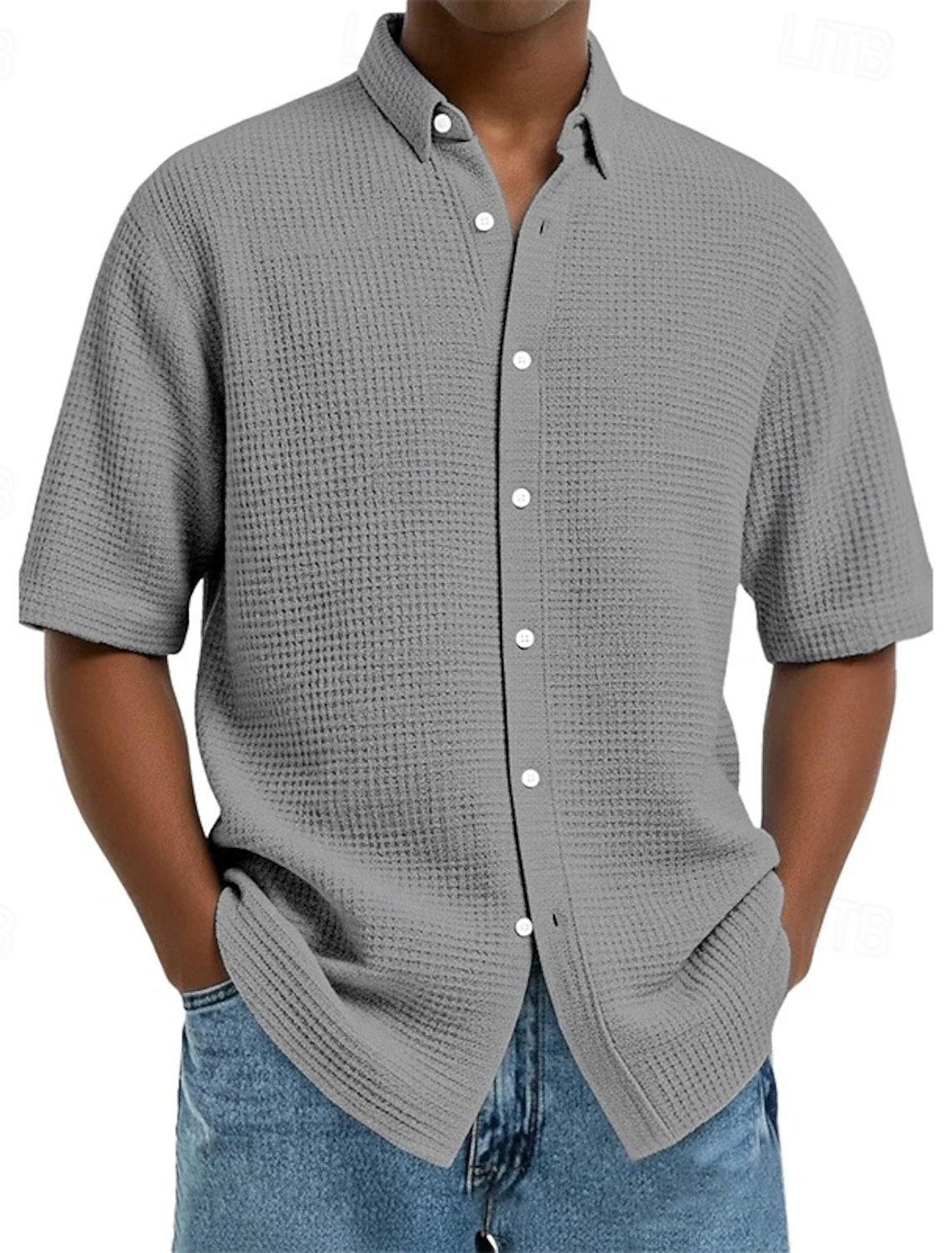 Men's Shirt Waffle Texture Casual Button Up Black White Wine Navy B #1