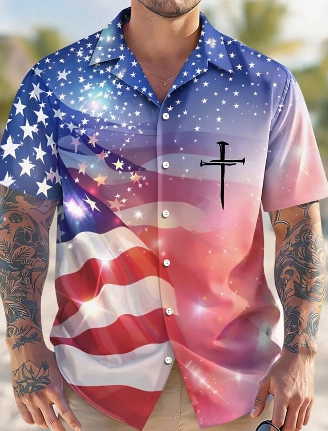 Men's 4th of July U.S. 250th Anniversary Cross US Flag Shirt Cuban Collar Shirt Button Up Shirt Short Sleeve Patriotic Holiday Summer Spring Camp Collar Shirt 3D Print Blue Blue red Purple Dark Blue
