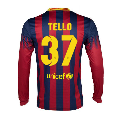 13-14 Barcelona 37 Tello Home Long Sleeve Soccer Jersey Shirt -