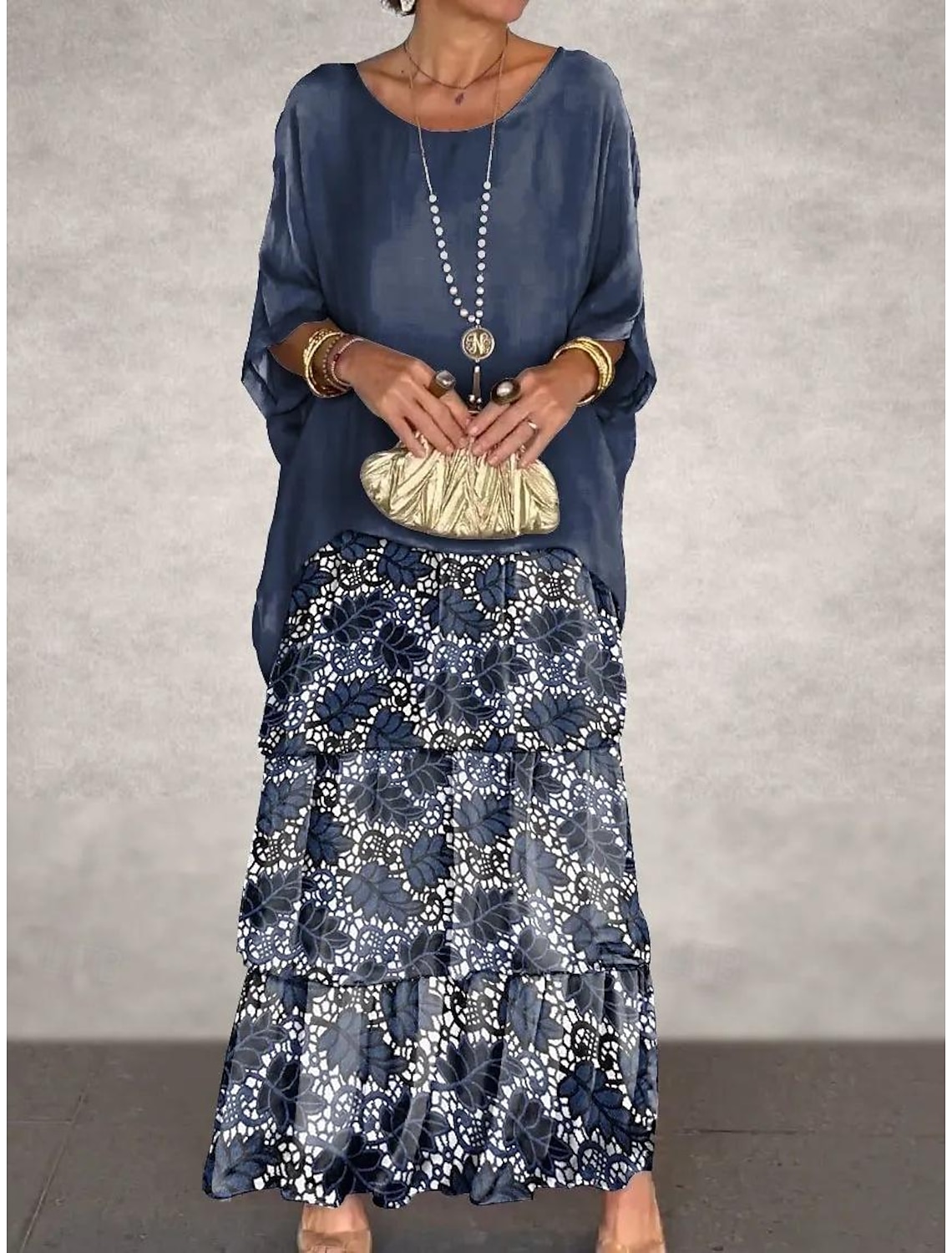 Women's Long Dress Maxi Dress Casual Dress Summer Dress Boho Dress Stylish Casual Vacation Daily Date Regular Fit Geometric 3/4 Length Sleeve Crew Neck White Navy Blue Green Summer