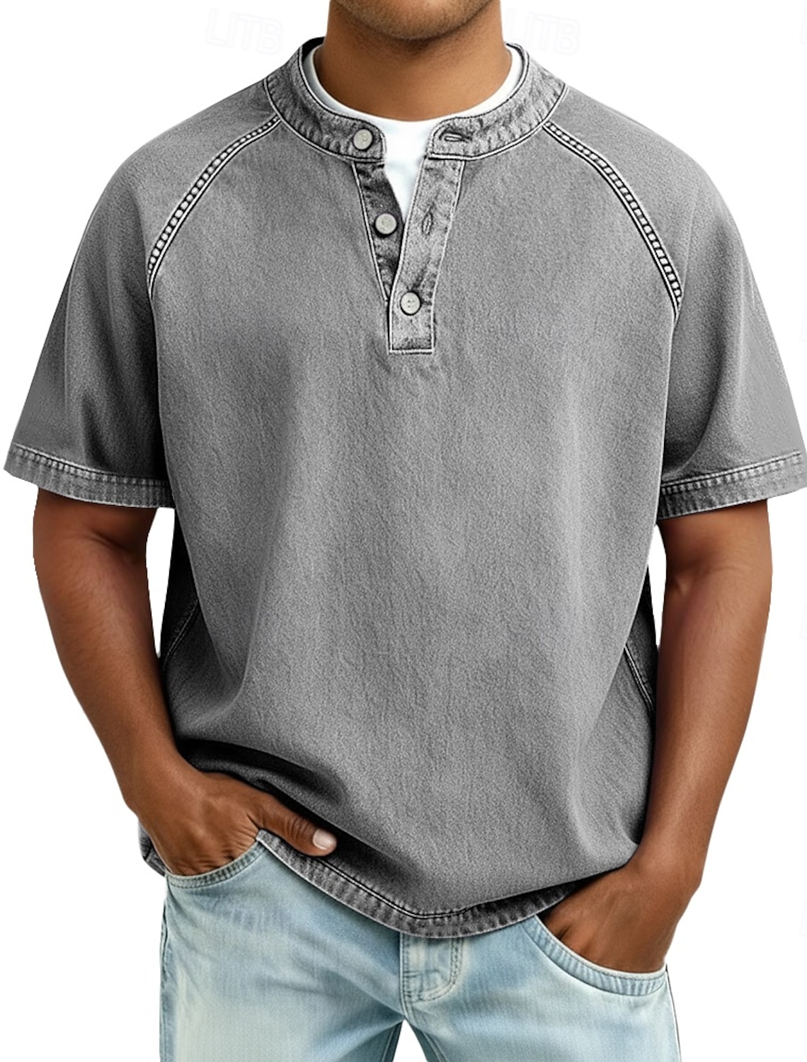 Men's T Shirt Henley 100% Cotton Acid Wash Tee Top Short Sleeve Plain
