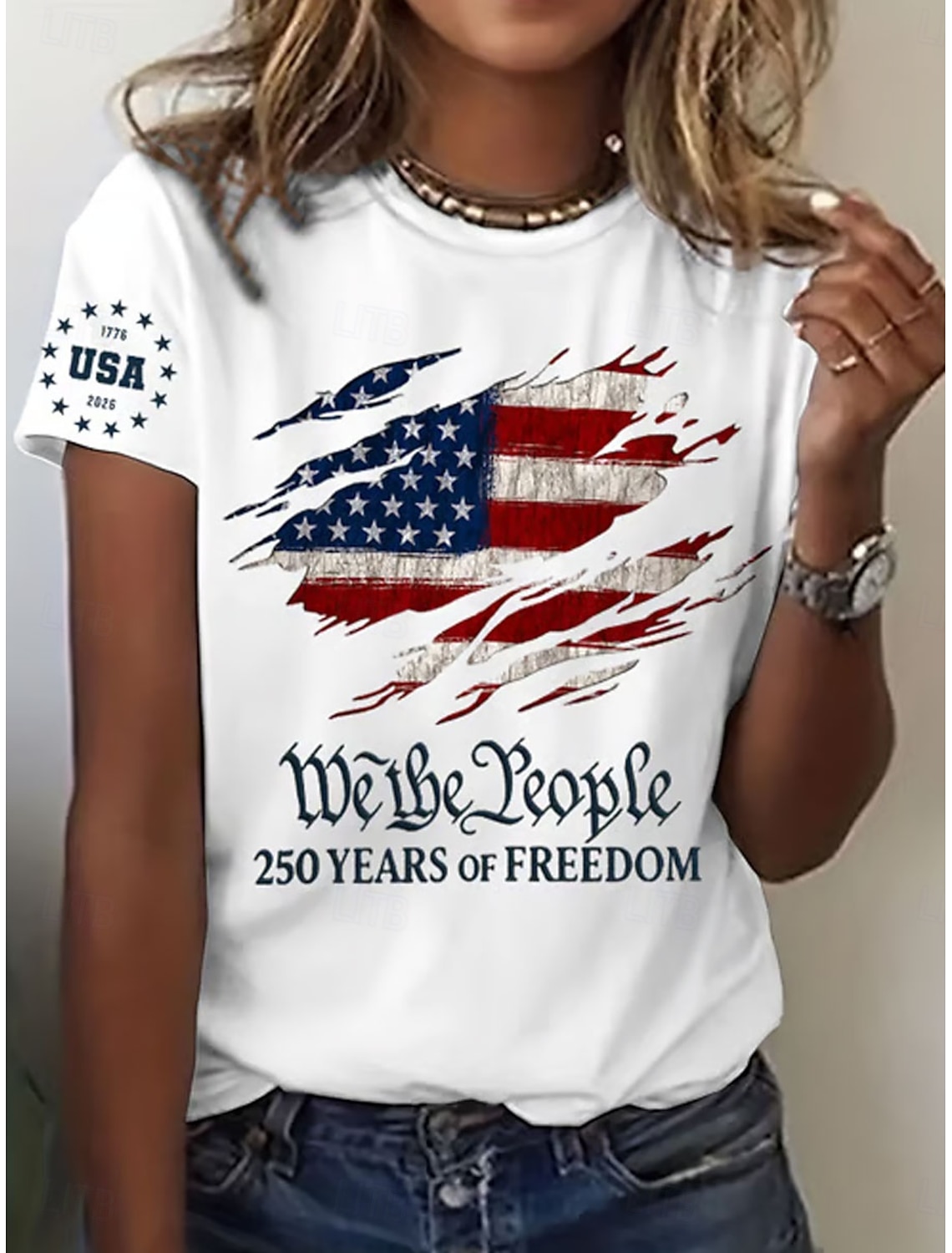 Independence Day American Anniversary Patriotic Women's T Shirt Graphic Flag Letter Vintage Fashion Stylish Short Sleeve Crew Neck Daily Weekend Print Blue Black White Red Summer Spring