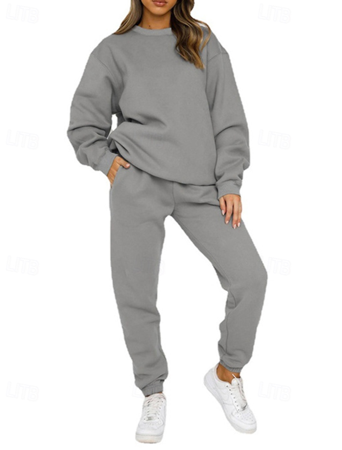 Women's Tracksuit Sweatpants Pullover Sweatshirt Pocket Solid Colored Clothing Suit Spring Fall Black White Gym Training Running Windproof Long Sleeve Sport Activewear Micro-elastic Regular Fit