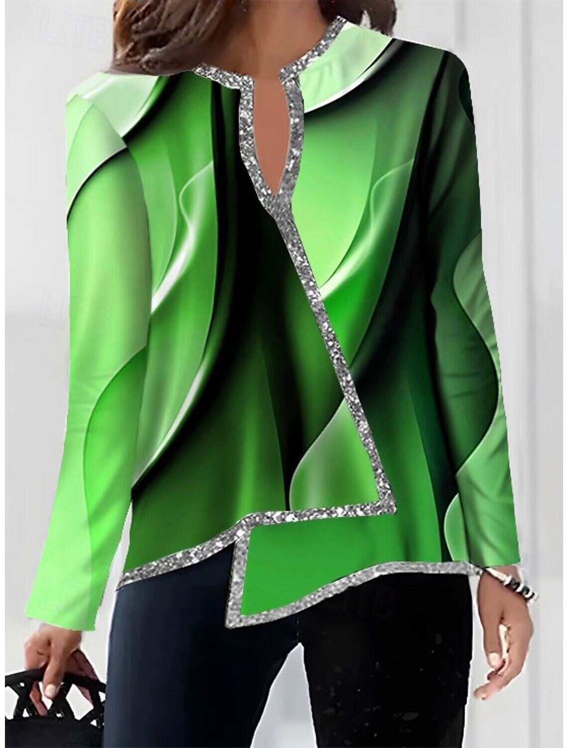 Women's Shirt Blouse Fashion Print Asymmetric Hem Long Sleeve Regular Tops V Neck Casual Fall & Winter