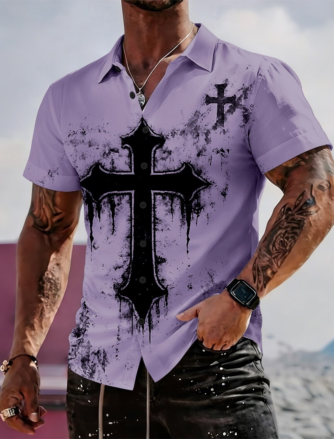 Men's Cross Religion Shirt Casual Shirt Button Up Shirt Long Sleeve Vintage Retro Streetwear Vacation Summer Spring Turndown 3D Print Collared Shirts Blue White Purple Khaki
