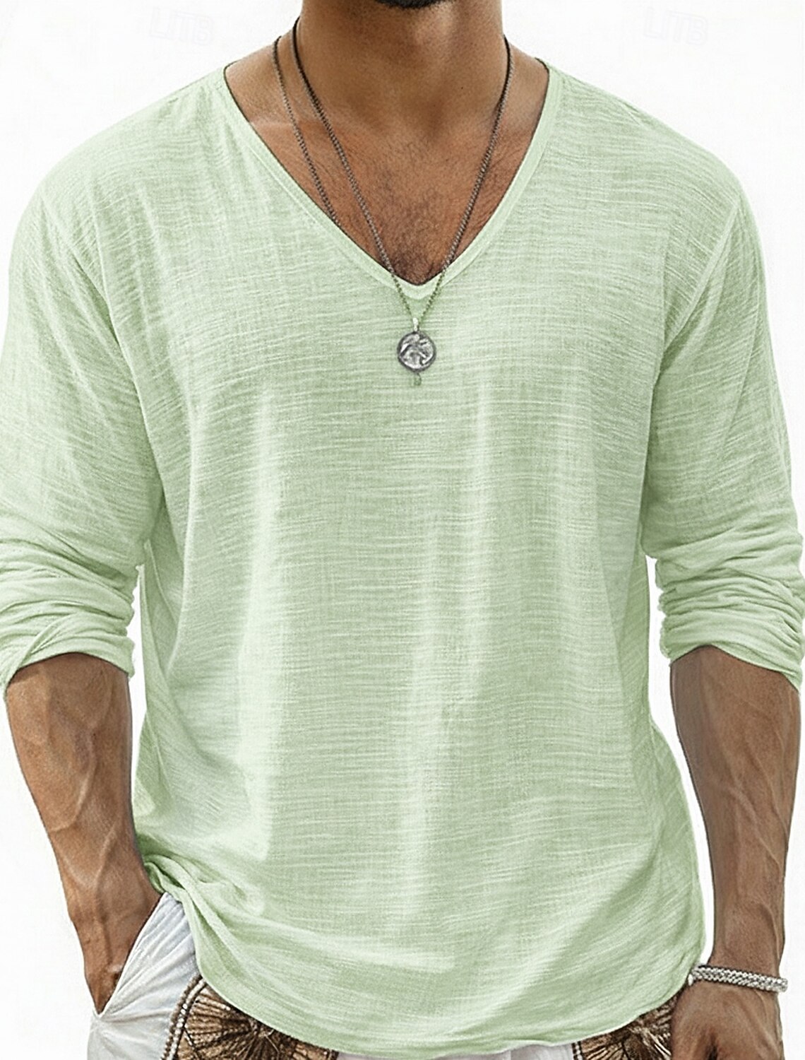 Men's Tee Top Linen T-Shirt Long Sleeve V Neck Summer Spring & Soli #2