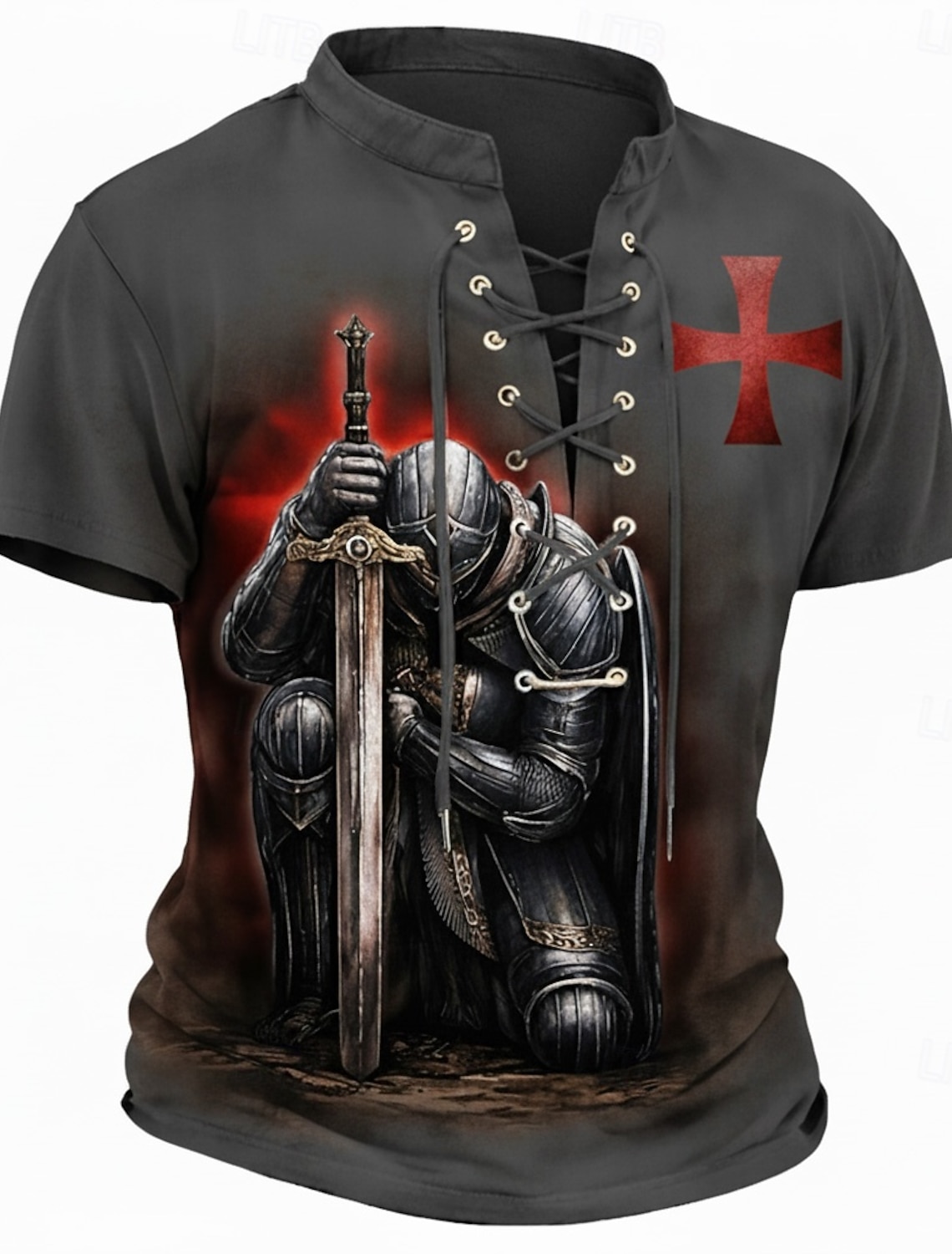 Knights Templar Crusader Armor Red Cross Raven Men's Medieval Renaissance Vintage Gothic Henley Shirt All Over Print Lace Up Short Sleeve Renaissance Faire Cosplay Costume Streetwear Designer Clothing