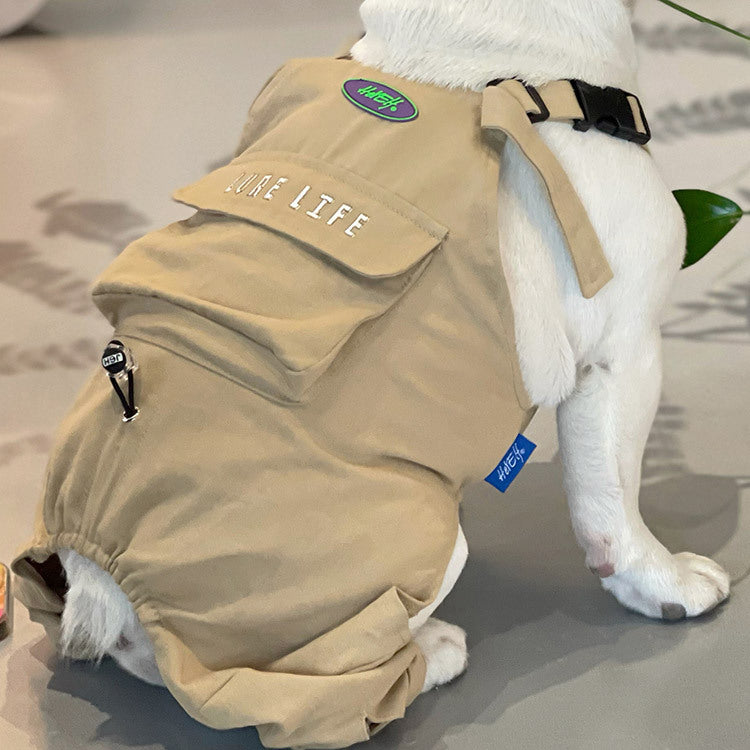 BarkBuilt French Bulldog Overalls – Khaki Utility Dog Jumpsuit with Pocket