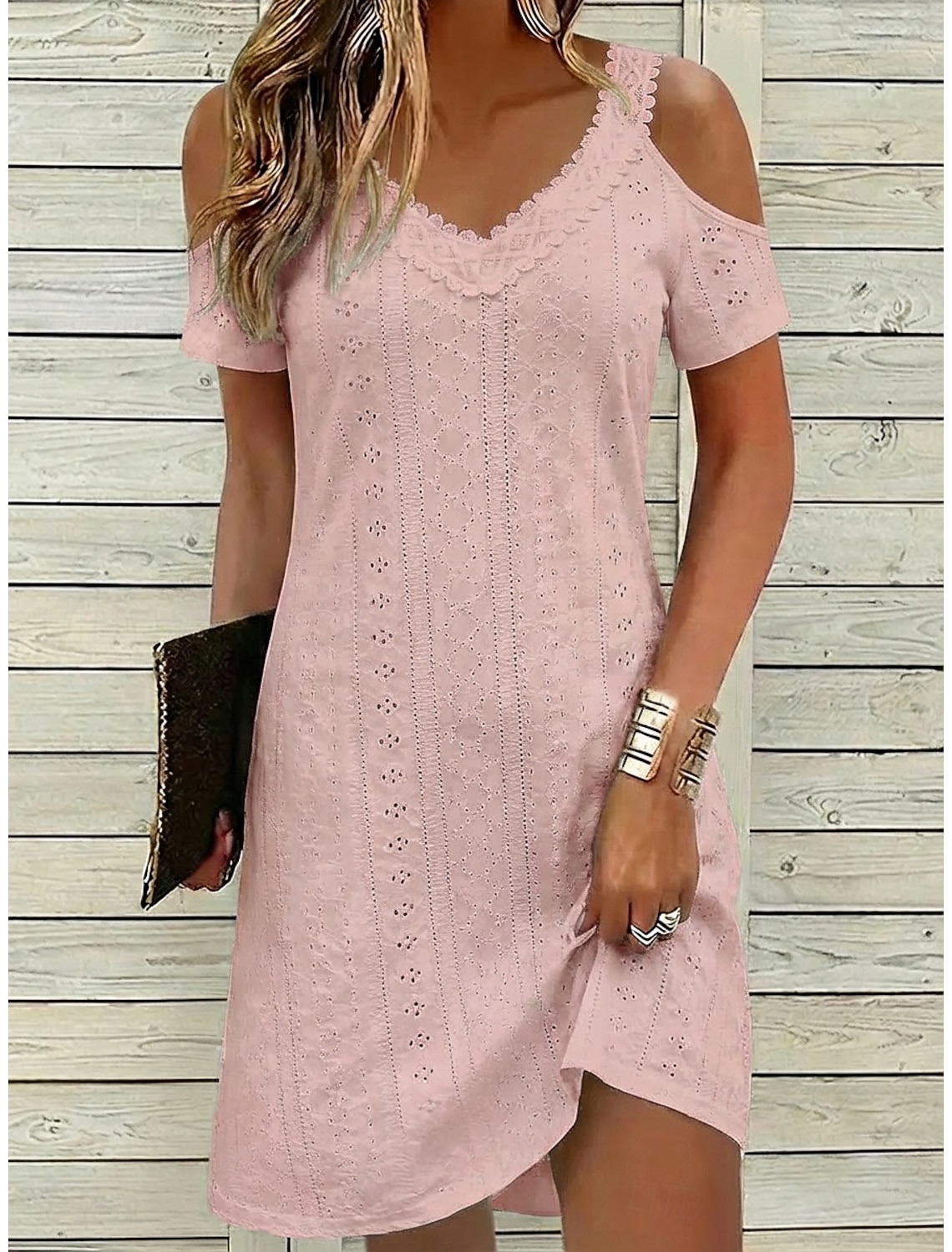 Women's Mini Dress White Dress Summer Dress Eyelet Dress Fashion Modern Beach Vacation Holiday Regular Fit Plain Short Sleeve V Neck Black White Light Green Pink Summer Spring