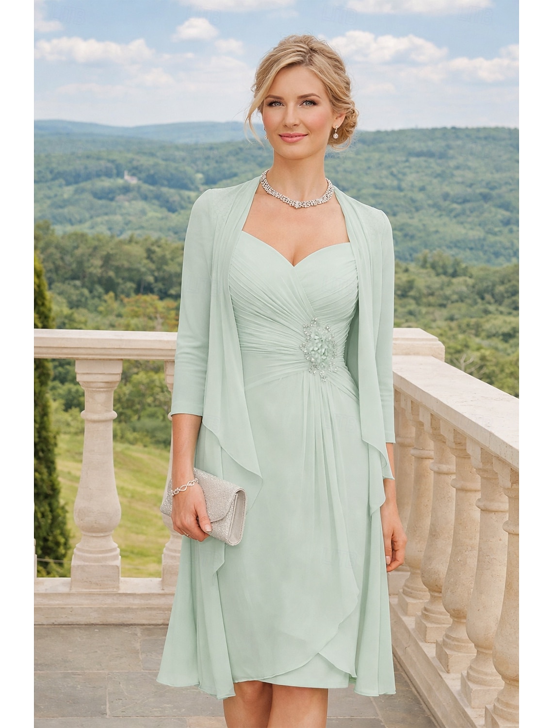 Two Piece A-Line Knee Length Wedding Guest Dress Mother of the Bride Dress Sleeveless Scoop Neck Elegant Wedding Guest Wedding Party Chiffon Lace Jacket Dresses with Pleats Appliques
