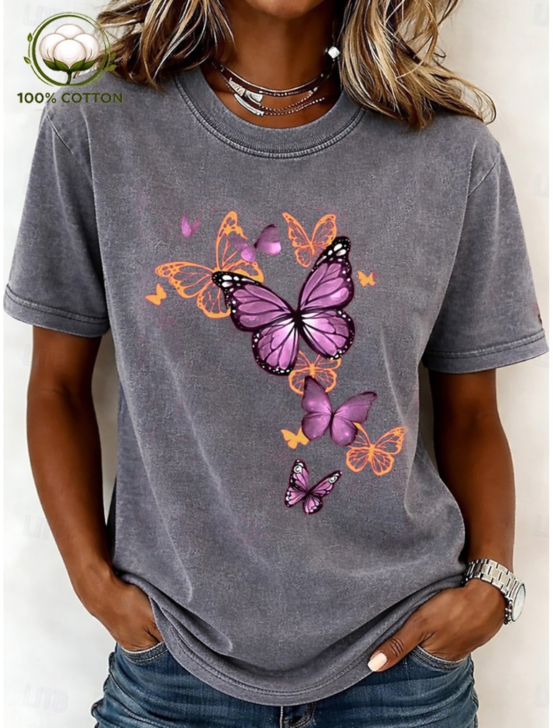 Women's 100% Cotton T Shirt Print Acid Wash Vintage Washed Butterfly Stylish Basic Classic Short Sleeve Crew Neck Regular Tops Casual Daily Blue Black Pink Purple Green Summer Spring