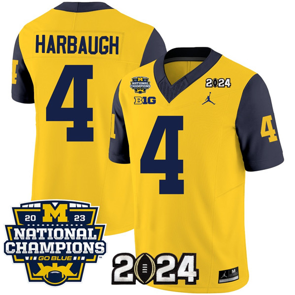 Men's U-M Wolverines Yellow 2024 away jersey Jim Harbaugh #4 stitched