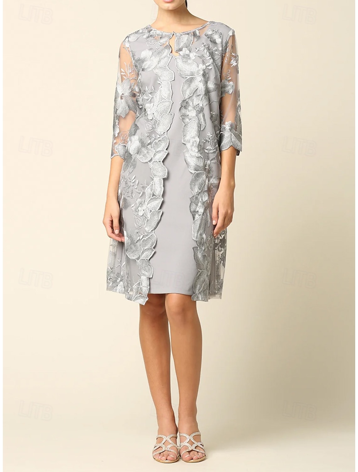 Two Piece Sheath Column Tea Length Wedding Guest Dress Mother of the Bride Dress 3/4 Length Sleeve Crew Neck Elegant Vintage Simple Formal Wedding Guest Lace with Embroidery