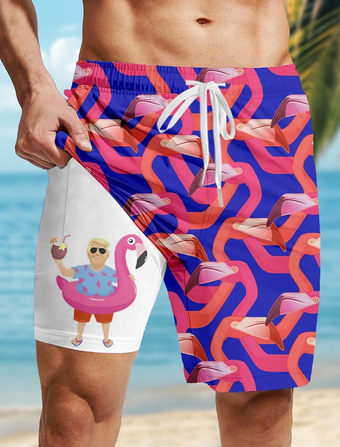 Men's Funny Duck Slang Lined Shorts 2 in 1 Board Swim Mid Waist