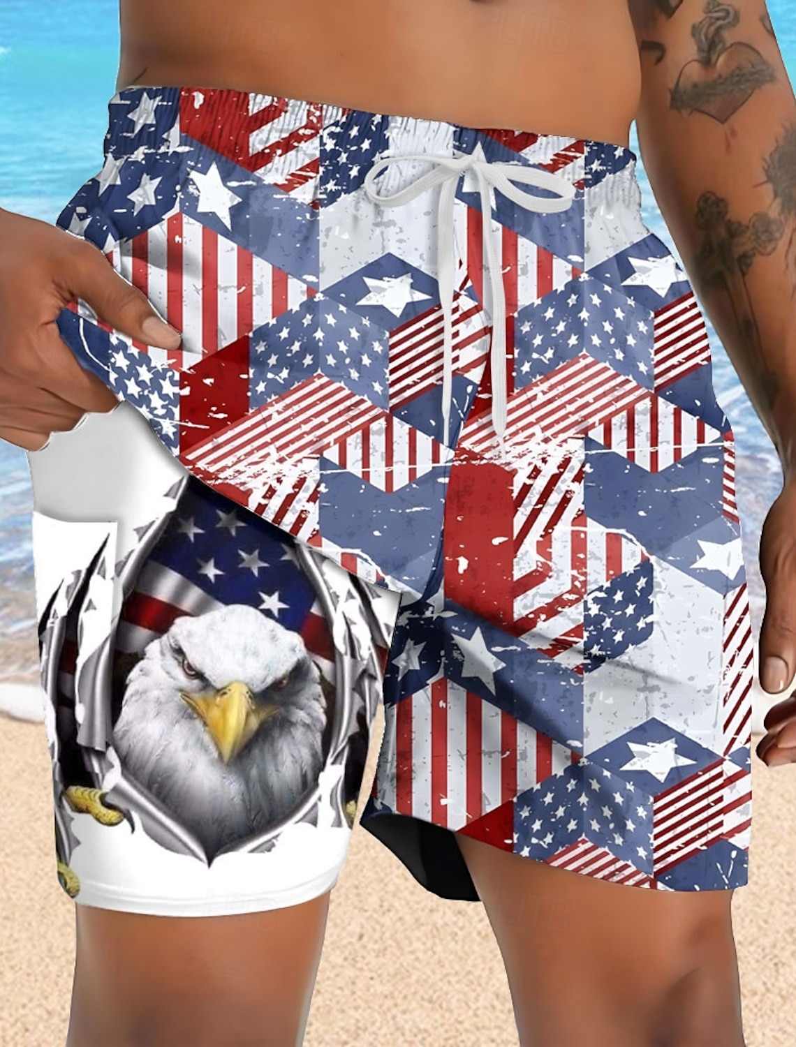 Independence Day Men's 4th of July U.S. 250th Anniversary Eagle Patriotic Lined Shorts 2 in 1 Board Shorts Swim Trunks Mid Waist Holiday Side Pockets With Compression Liner Elastic Drawstring Waist