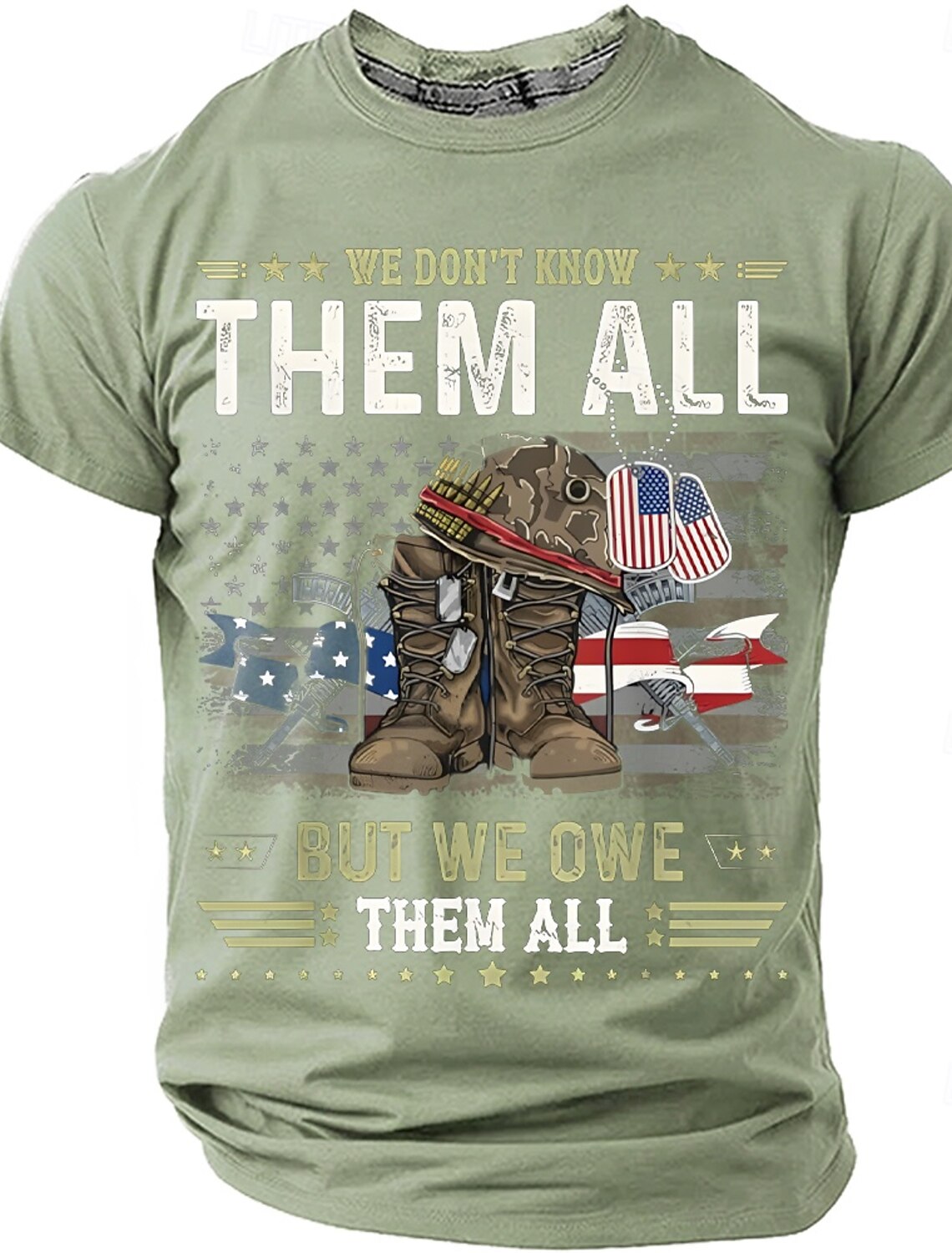 Memorial Day We Don't Know Them All But We Owe Them All Men's Combat Boots Dog Tags American Flag Patriotic Graphic T Shirt Distressed Vintage Short Sleeve Tee Designer Clothing Apparel S M L XL XXL X