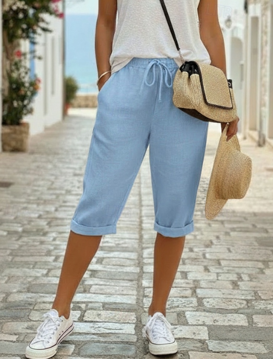 Women's Linen Shorts Capri Pants Chinos Summer Shorts Vacation Streetwear Casual Knee Length Medium Waist Plain Drawstring Pocket Comfortable Breathable Inelastic Daily Outdoor Street