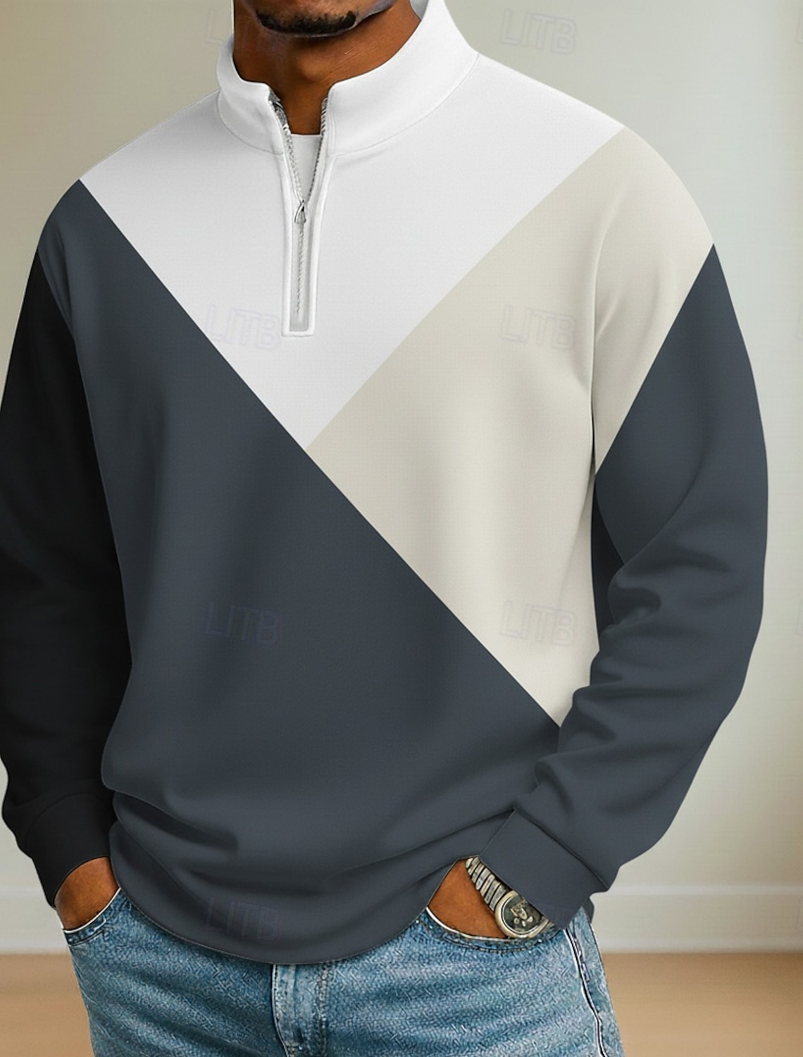 Men's Color Block Geometic Polo Long Sleeve Standing Collar Athleisure