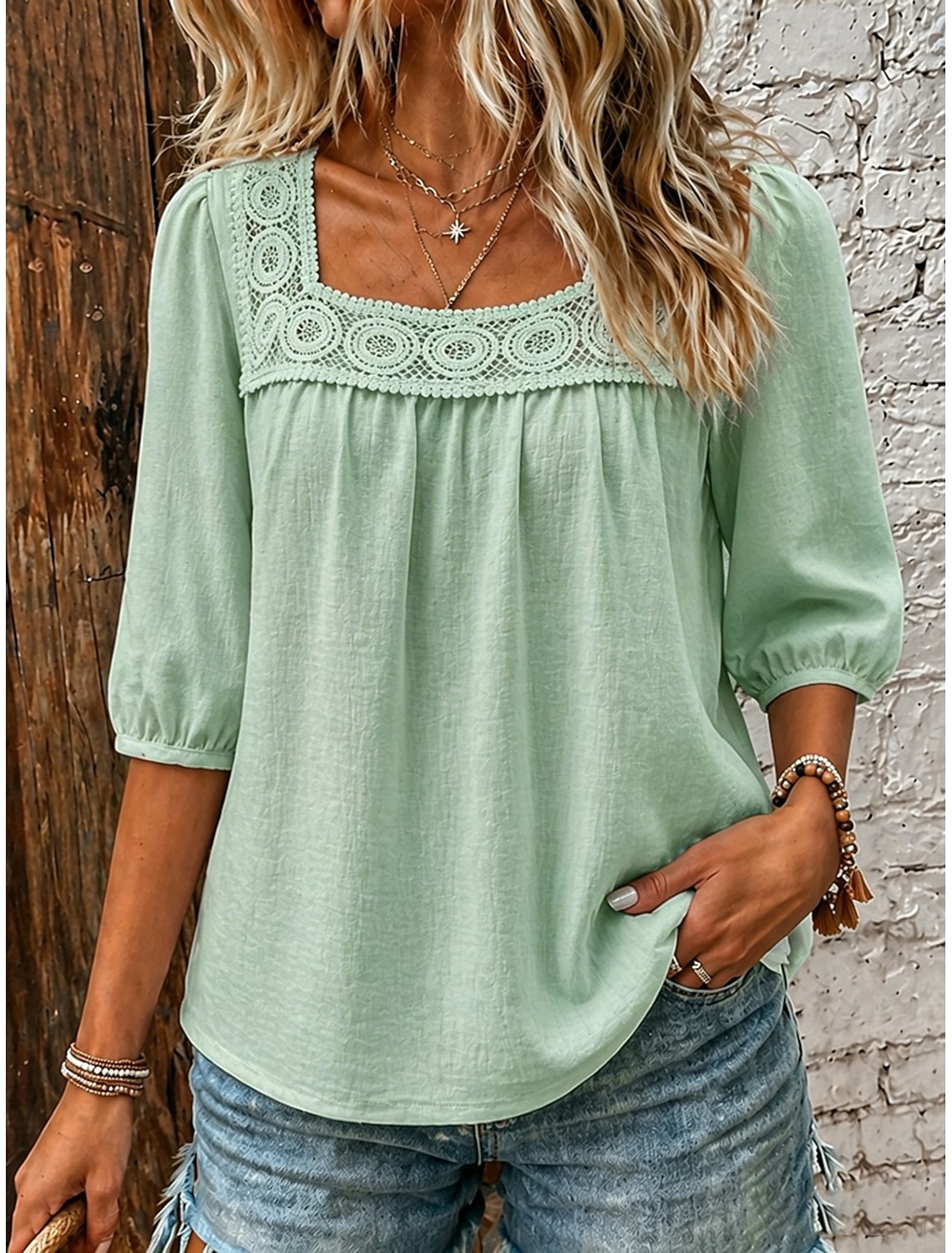 Women's Linen-feel Shirts Blouse Lace Trim Solid Color Daily Stylish Basic 3/4 Length Sleeve Square Neck Regular Tops Casual Daily Blue White Pink Navy Blue Green Summer Spring Fall