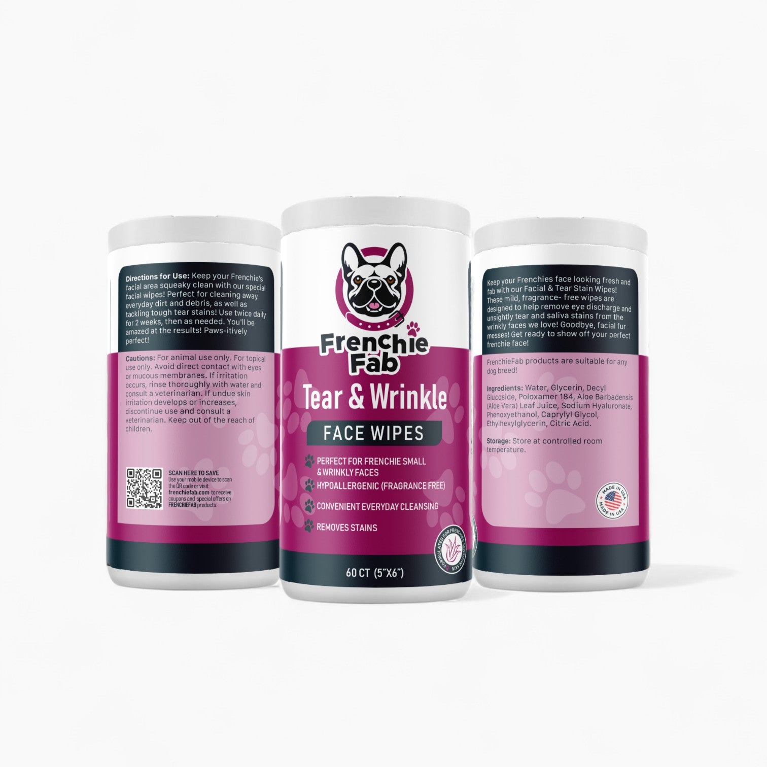 Frenchie Tear Wrinkle Face Wipes – Gentle Fragrance-Free Daily Cleaning (Frenchie Fab)