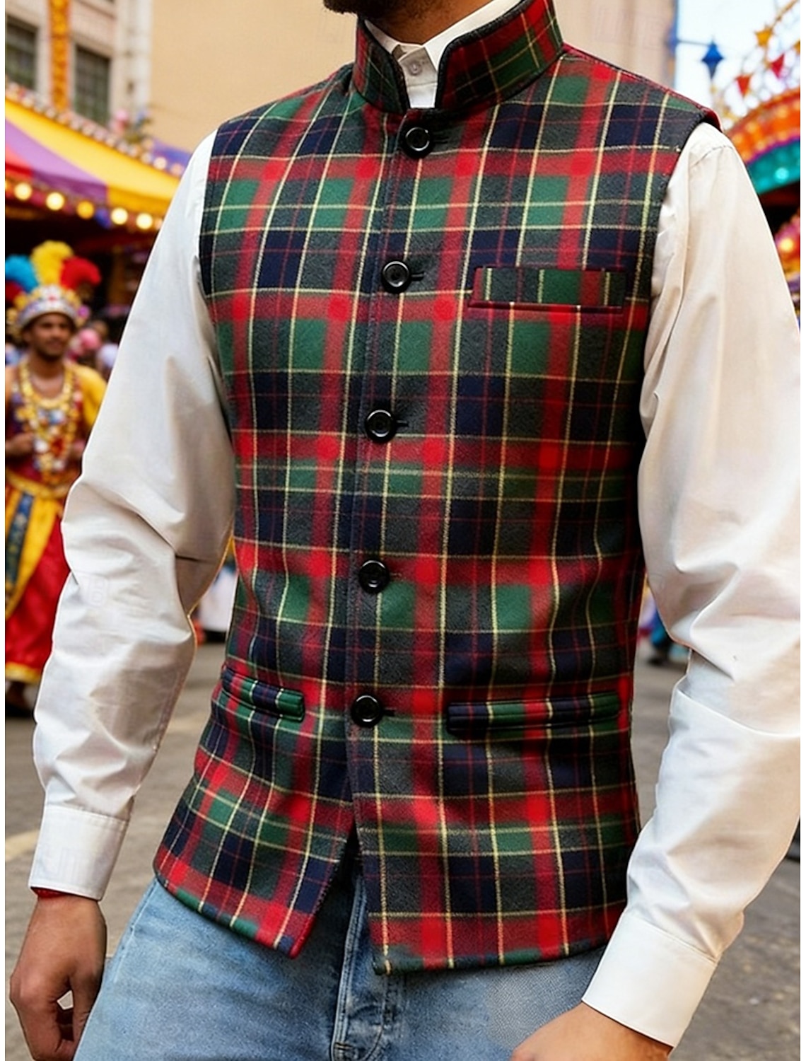Men's Vest Tweed Vest Waistcoat Vintage Fashion Spring & Fall Buttons Wool Blend Comfortable Plain Single Breasted V Neck Regular Fit Deep Green Navy Dark Gray Light Grey Vest