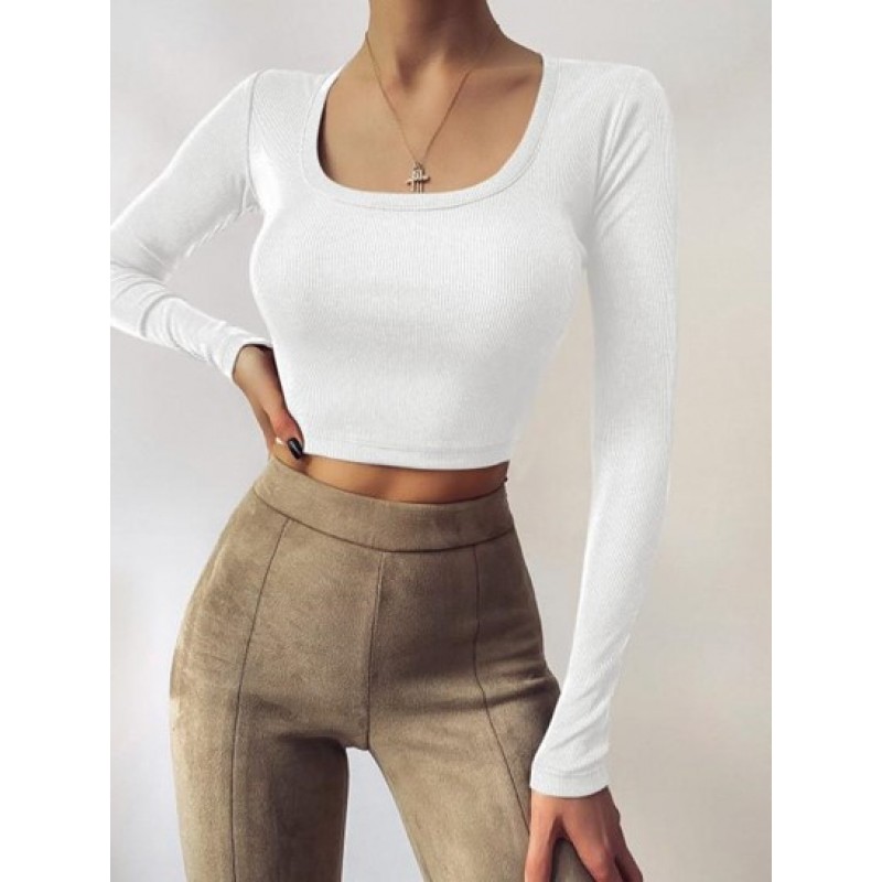 U Neck Ribbed Long Sleeve Top AW0840