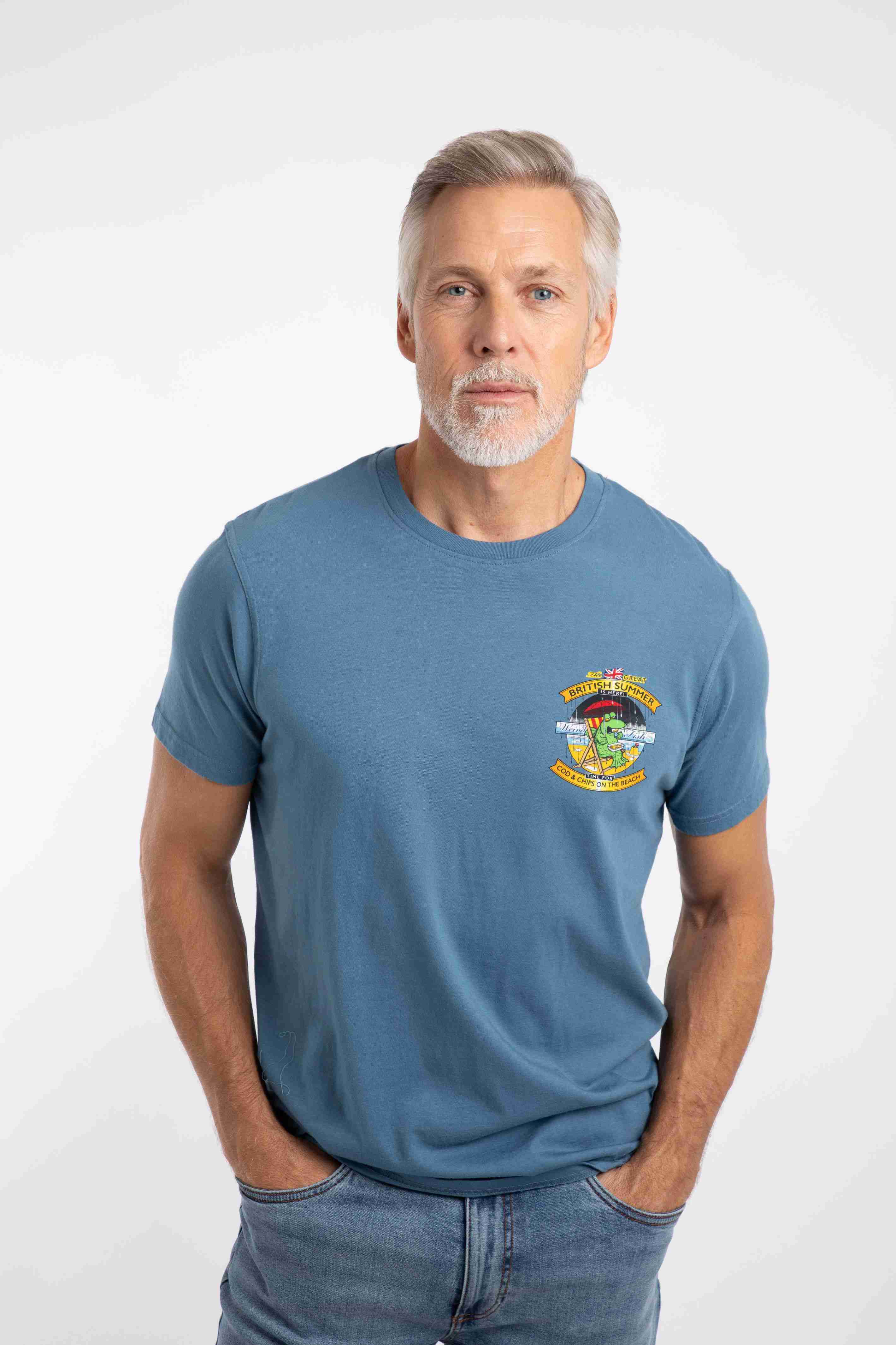 Cod and Chips Back Print Artist T-Shirt Washed Blue
