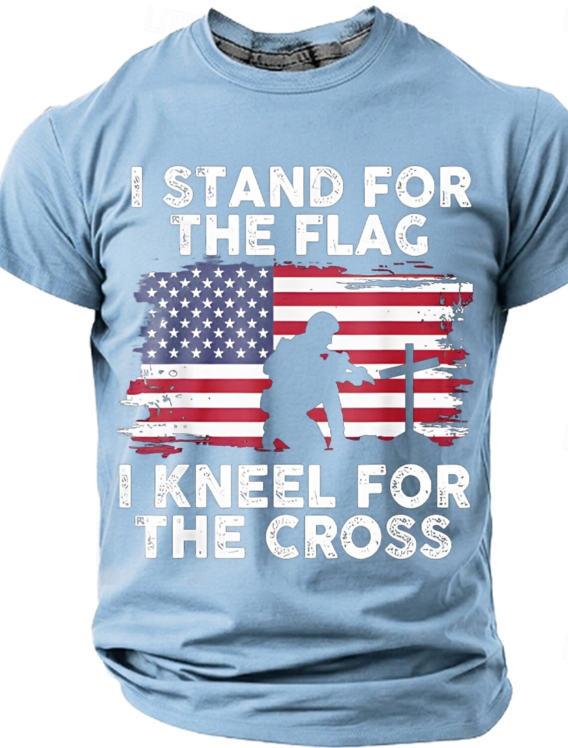 Memorial Day I Stand For The Flag I Kneel For The Cross Men's Bible American Flag Kneeling Soldier Christian Cross Patriotic Graphic T Shirt Vintage Casual Tee Designer Clothing Apparel