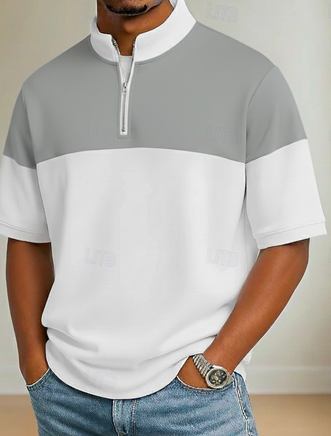 Men's Color Block Zip Polo Shirts Long Sleeve Grandad Collar Casual