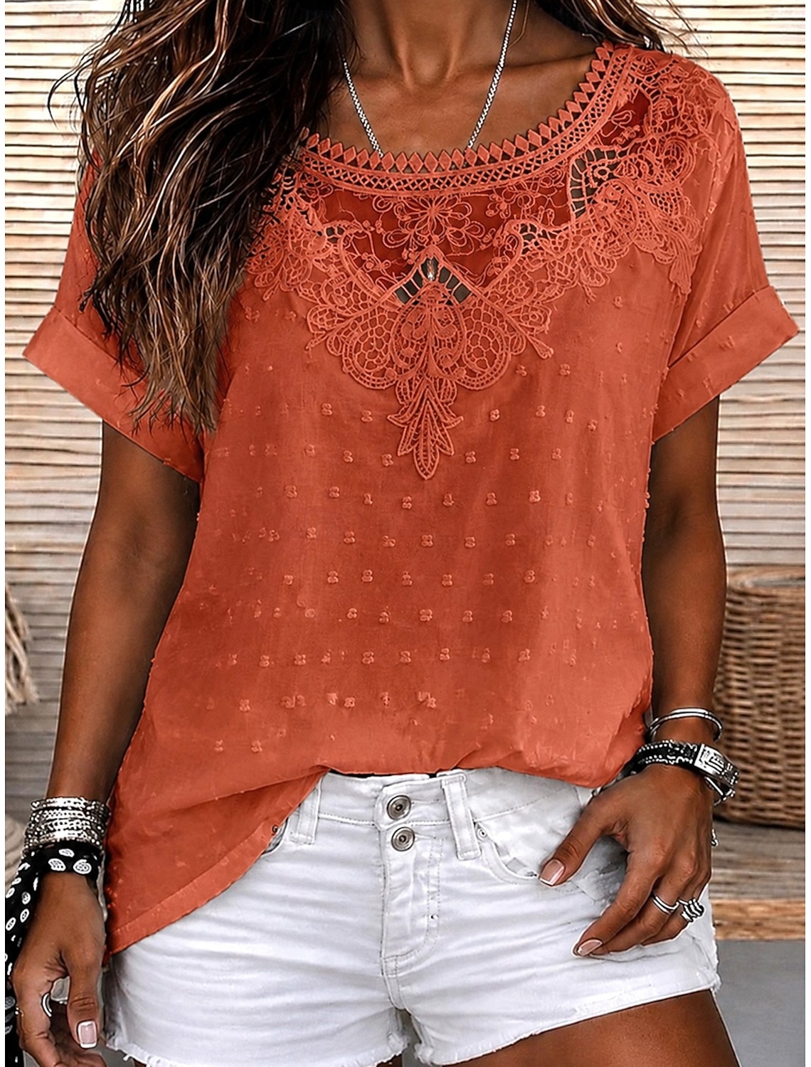 Women's Blouse Lace Solid Color Stylish Casual Short Sleeve V Neck Regular Tops Daily Blue Black White Orange Grey Summer Spring Fall