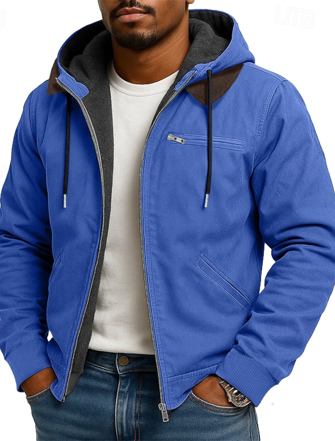 Men's Hoodie Full Zip Fleece lined Blue Brown Green Gray Hooded Plain