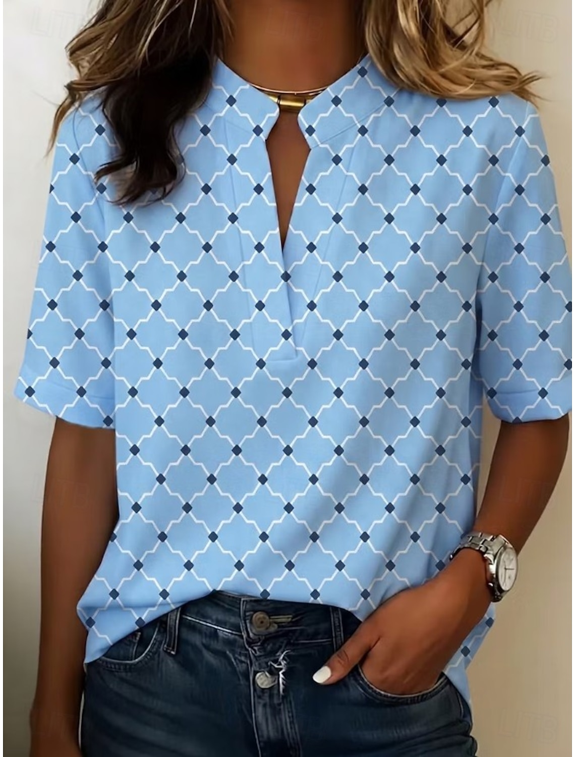 Women's Blouse Buttons Print Graphic Geometric Vintage Stylish Modern Short Sleeve Shirt Collar Regular Tops Casual Daily Blue Yellow Summer Spring