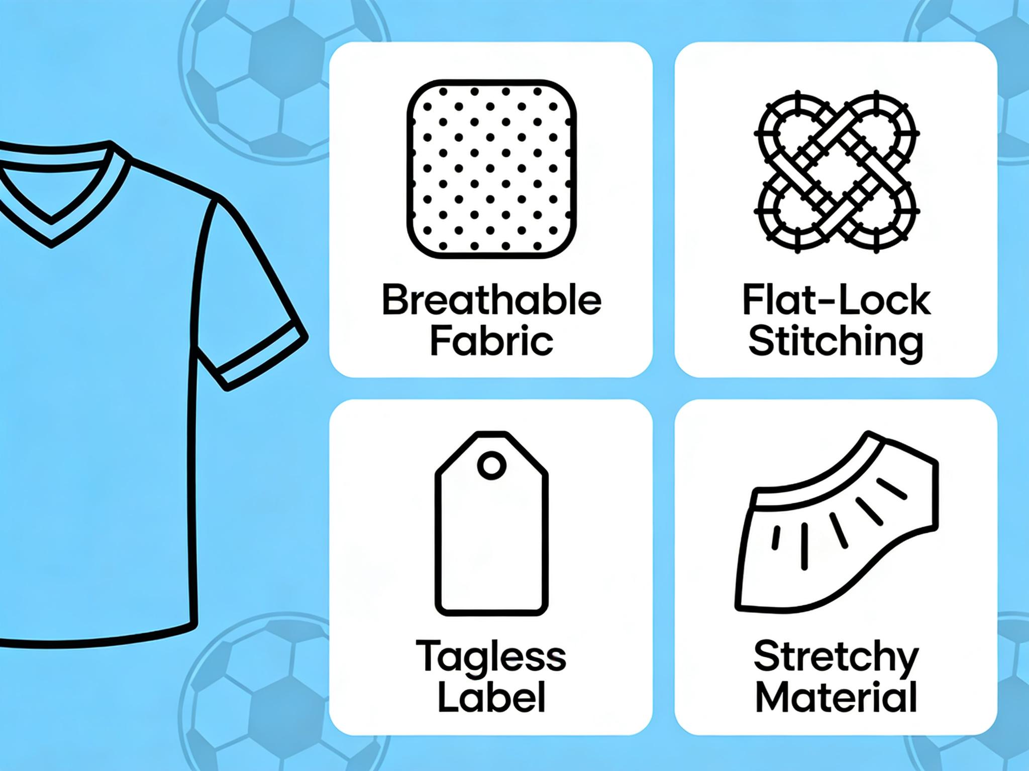 A side-by-side comparison graphic showing "Features of a Quality Jersey" with icons for breathable fabric, flat-lock stitching, tagless label, and stretchy material.