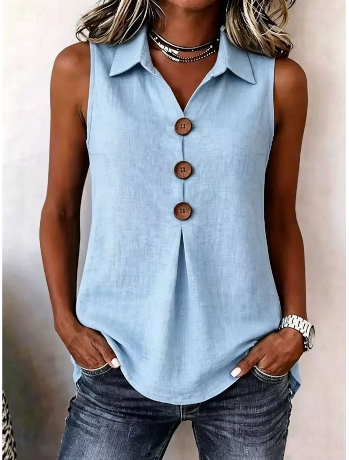 Women's Cotton Linen Blouse Buttons Solid Color Vacation Daily Casual Sleeveless 3/4 Length Sleeve V Neck Regular Tops Casual Daily Going out Khaki Red Orange Green Summer Spring Fall