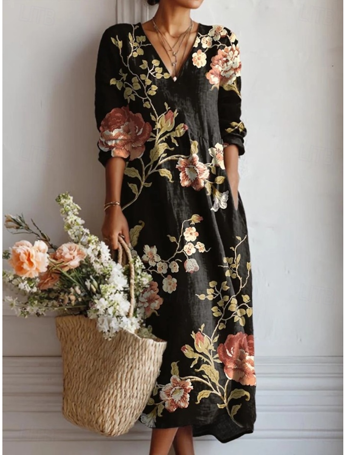 Women's Midi Dress Linen Like Sundress Shift Dress Casual Party Holiday Loose Fit Floral Graphic Long Sleeve V Neck Black Pink Green Summer Spring